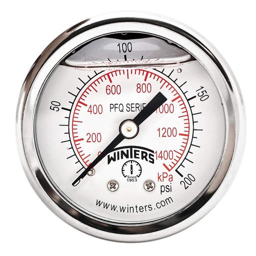 [WINTERS.PFQ2439] Winters PFQ Series Stainless Steel 304 Dual Scale Liquid Filled Pressure Gauge with Brass Internals, 0-200 psi/kpa, 2" Dial Display, -2.5% Accuracy, 1/4" NPT Back Mount Sold by: Amazon.com Services, Inc. WINTERS.PFQ2439